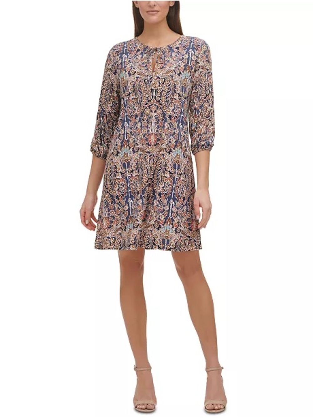 Tommy Hilfiger Navy Floral Paisley Tie-Neck Shift Dress